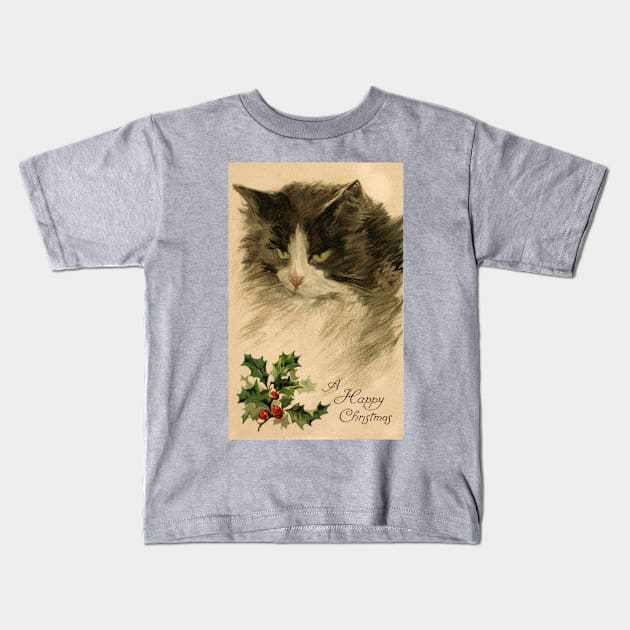 Beautiful cat with Holly wishing a happy Christmas Kids T-Shirt by RedThorThreads